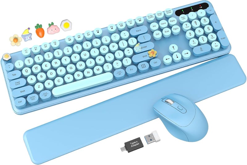 Trueque Wireless Keyboard and Mouse Combo - Cute Typewriter Keyboard with Detachable Wrist Rest, Retro Round Keycaps, Foldable Legs, 2.4GHz Full-Size for PC, Laptop, Windows - (Glacier Blue) - Image 1